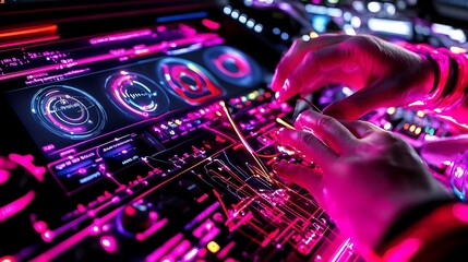 Hands using a control panel with neon colored lights