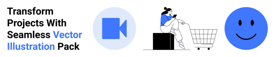 Fototapeta premium Woman sitting by a cart shopping online, alongside a video play icon and a blue happy face. Ideal for e-commerce, digital marketing, online communication, user experience, branding, web design, flat