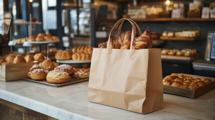 Brown paper bag filled with fresh pastries from a bakery. Perfect for websites selling food, bakeries, or takeout.