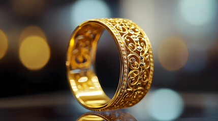 Exquisite gold ring featuring intricate filigree design and delicate diamond accents, jewelry