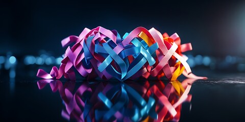 Fototapeta premium A creative heart-shaped arrangement of cancer awareness ribbons on a reflective glass surface with a dark background
