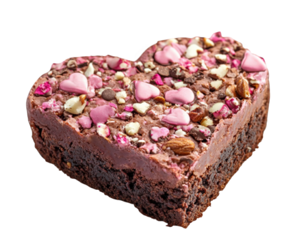 Heart shaped brownie topped with colorful sprinkles, perfect for Valentine Day celebrations. This romantic treat is ideal for sharing with loved ones