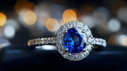 Fototapeta premium Exquisite sapphire ring with diamond halo, a timeless symbol of love and commitment