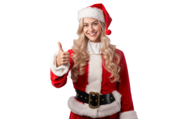 Santa Claus woman showing thumbs up isolated on transparent background