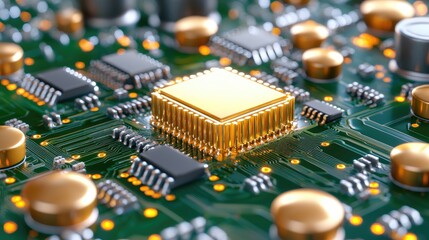 Obraz premium Golden CPU on Circuit Board, Tech Innovation