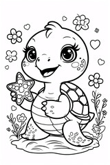 Charming Smiling Baby Turtle Surrounded by Lush Garden Flowers Black Line Art Drawing for Kids Book or Fun Childrens Activity and Coloring Page Drawing Illustration with Heart and Flowers Garden