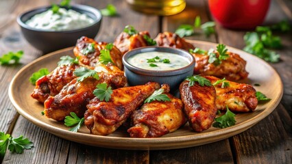 Fototapeta premium Spicy grilled chicken wings on a plate with tangy barbecue sauce drips, fresh parsley garnish, side of blue cheese dressing