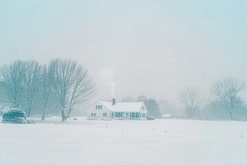 A tranquil winter scene with a snow-covered house and bare trees, enveloped in a soft, foggy atmosphere, creating a serene and peaceful ambiance.