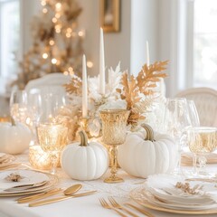 Elegant Thanksgiving Table Setting with White Pumpkins