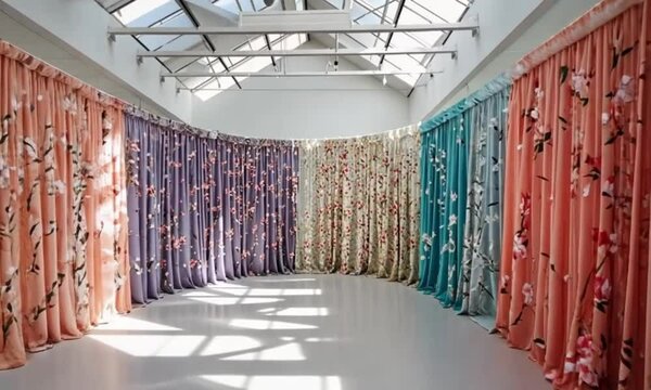 A modern art gallery with colorful hanging fabric installations, perfect for culture and exhibition themes.