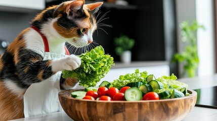 Calico cat preparing fresh salad ingredients kitchen food photography modern environment close-up culinary concept