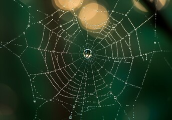 delicate spiderweb adorned with crystal-clear raindrops, each droplet acting as a tiny lens refracting the surrounding forest