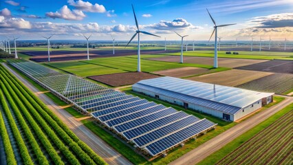 Sustainable Agriculture Meets Renewable Energy A High-Angle View of Solar Panels, Wind Turbines, and Cultivated Fields