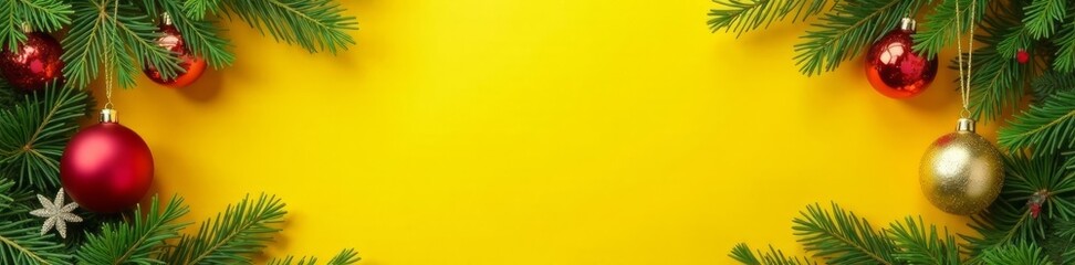 Obraz premium Vibrant yellow Xmas backdrop, fir branches frame, festive ornaments , celebration, celebration