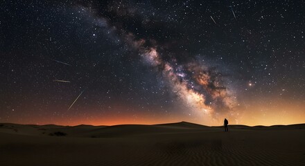 A Perseid meteor shower streaks across the starry sky, leaving behind brilliant golden and blue trails that illuminate the vast desert landscape, 16:9