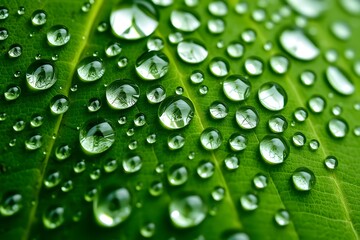 A close-up macro shot of numerous water droplets on a vibrant deep green leaf, reflecting the surrounding foliage.