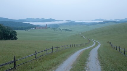 Winding road, misty valley, church, hills, sunrise, rural scene, travel poster