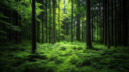 Fototapeta premium Lush green forest with tall trees and dense undergrowth, ideal for nature enthusiasts.