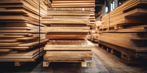 Obraz premium An orderly stack of lumber is showcased in a factory environment.