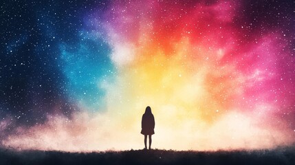 Fototapeta premium Silhouette against a colorful starry sky, evoking wonder and introspection.