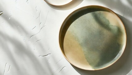 Top view of ceramics plate with soft pastel glazes photo at side table