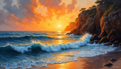 Obraz premium A stunning oil painting of a dramatic seaside sunset, waves crashing against rugged cliffs, the golden light reflecting off the water, warm and rich color palette, thick impasto brushstrokes, 16:9