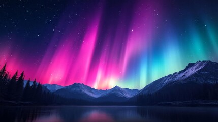 Obraz premium Breathtaking aurora borealis illuminates the night sky over majestic mountains and calm lake.