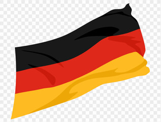 Naklejka premium Waving Germany flag isolated on transparent PNG background. Perfect for designs, presentations, or digital projects, showcasing the iconic black, red, and gold tricolor symbolizing unity and freedom