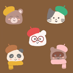 ベレー帽を被った動物の顔セット　手書きの可愛いイラスト　くま　ねこ　白熊　たぬき　パンダ