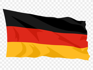 Naklejka premium Waving Germany flag isolated on transparent PNG background. Perfect for designs, presentations, or digital projects, showcasing the iconic black, red, and gold tricolor symbolizing unity and freedom