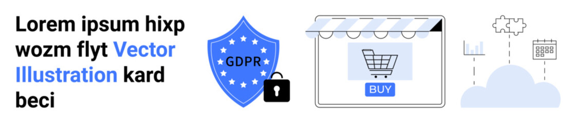 GDPR shield with lock, online shop cart, cloud data, and secure visuals. Ideal for cybersecurity, data protection, privacy, e-commerce compliance technology cloud security. Flat landing page