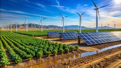 Sustainable Energy Farm Rows of Crops Flourish Beneath Wind Turbines and Solar Panels in a Picturesque Landscape