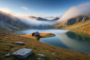 mountains with a small cabin on a grassy hill next to a lake