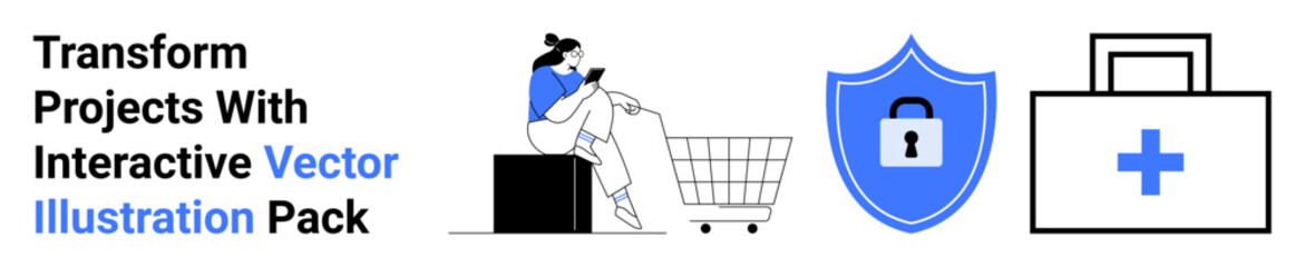 Woman on phone near shopping cart, shield with lock icon, and medical kit. Ideal for e-commerce, security, healthcare, online shopping, digital protection, user apps flat landing page banner