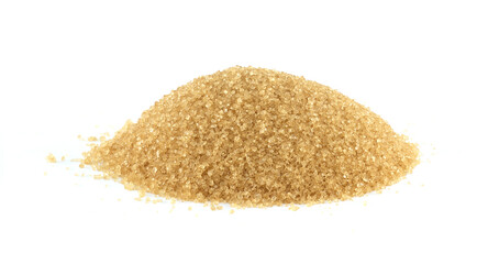 Mound of crystalline brown sugar glistens against stark white backdrop highlighting natural texture