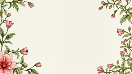 Fototapeta premium Elegant Floral Frame Border with Delicate Pink Flowers and Green Leaves on a Cream Background