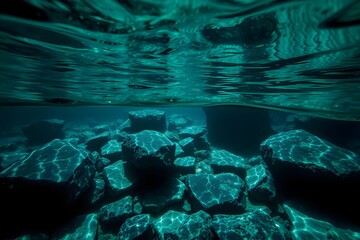 A split-level underwater shot of a crystal-clear turquoise lake bed, featuring dark, smooth, and textured rocks illuminated by sunlight filtering through the water.