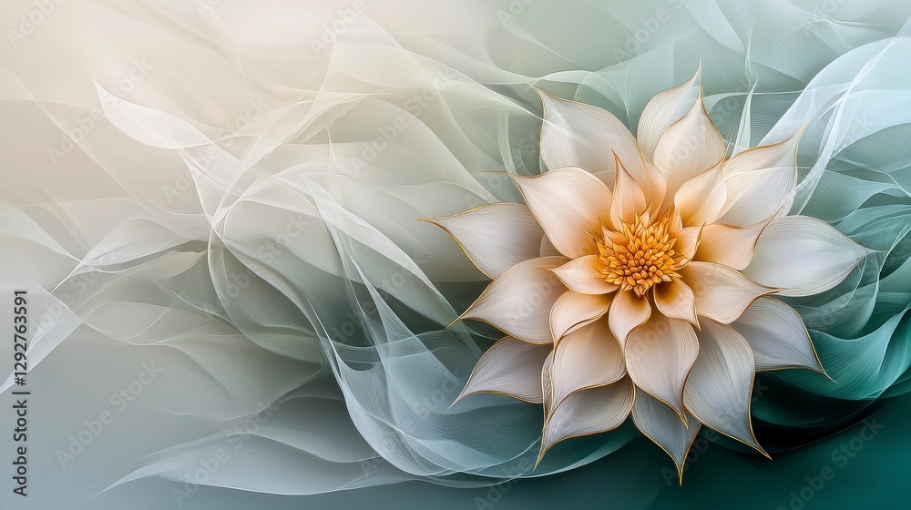 Poster symmetrical golden lamduan flower motif nature scene digital art serene environment close-up view be