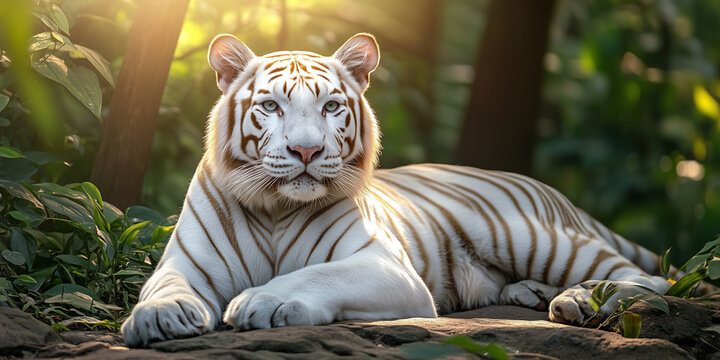 A majestic white tiger with piercing blue eyes rests gracefully on a rock in a lush green jungle, bathed in warm sunlight. Its sleek fur and calm gaze exude power, elegance, and tranquility.