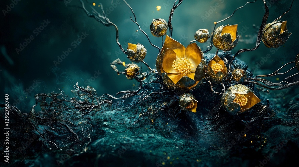 Poster golden pikul flower motif symmetrical arrangement artistic creation enchanted environment aesthetic 