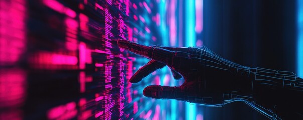 Cybernetic hand activating futuristic financial systems digital realm visual art neon environment tech perspective embracing financial freedom