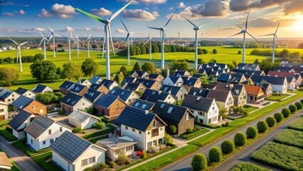 Fototapeta premium Sustainable Village Eco-Friendly Homes and Wind Turbines in Harmony with Nature's Beauty