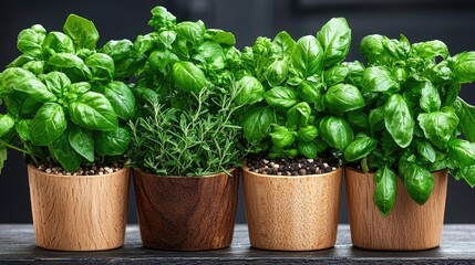 Fresh herbs in wooden pots, kitchen counter.  Possible use  Stock photo for culinary websites or gardening blogs