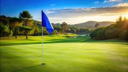 Blue golf flag standing upright on a small, lush green putting surface with intricate obstacles and curves, set against a backdrop of natural scenery , obstacles, nature