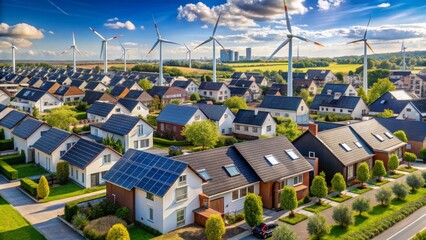 Obraz premium Sustainable Community Eco-Friendly Homes and Wind Turbines Harmoniously Integrated in a Scenic Residential Area