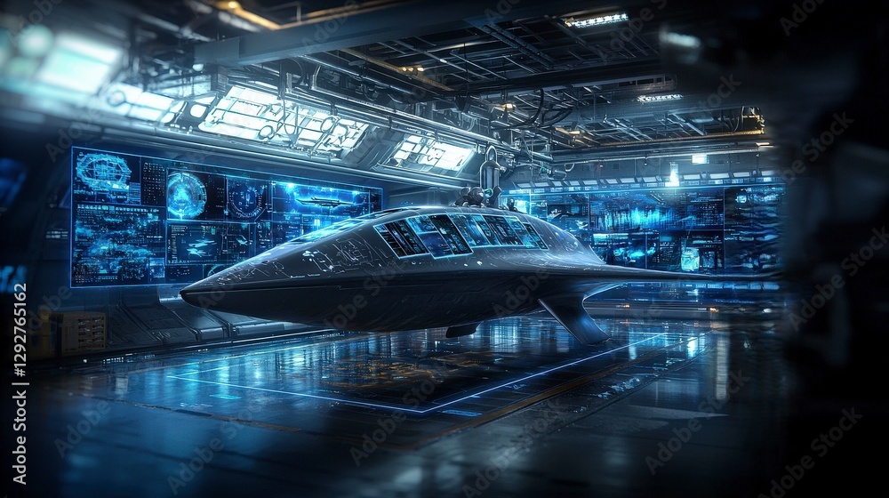 Poster engineer designs advanced stingray drone concept in futuristic lab environment for aerospace innovat