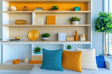 Bright Contemporary Home Office Backdrop With Stylish Shelves, Cozy Decor And Lush Plants Creating A Vibrant Atmosphere