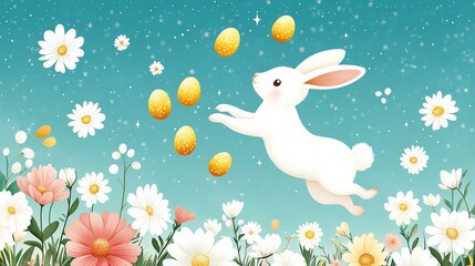 Charming rabbit jumping in a flower field.
