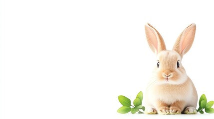 Fototapeta premium Cute rabbit sitting with green plants nearby.