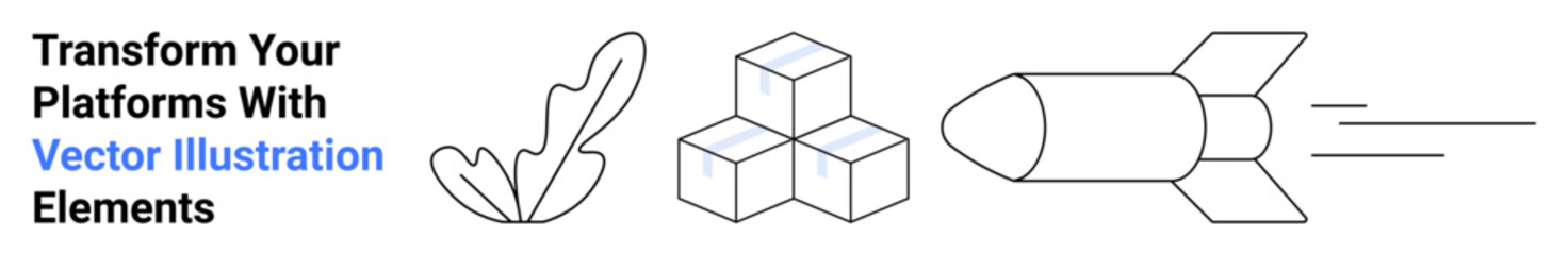 Outline of a leaf, stacked cubes, and a rocket moving forward, conveying growth, innovation, and progress. Ideal for startups, technology, green energy creativity education marketing flat landing